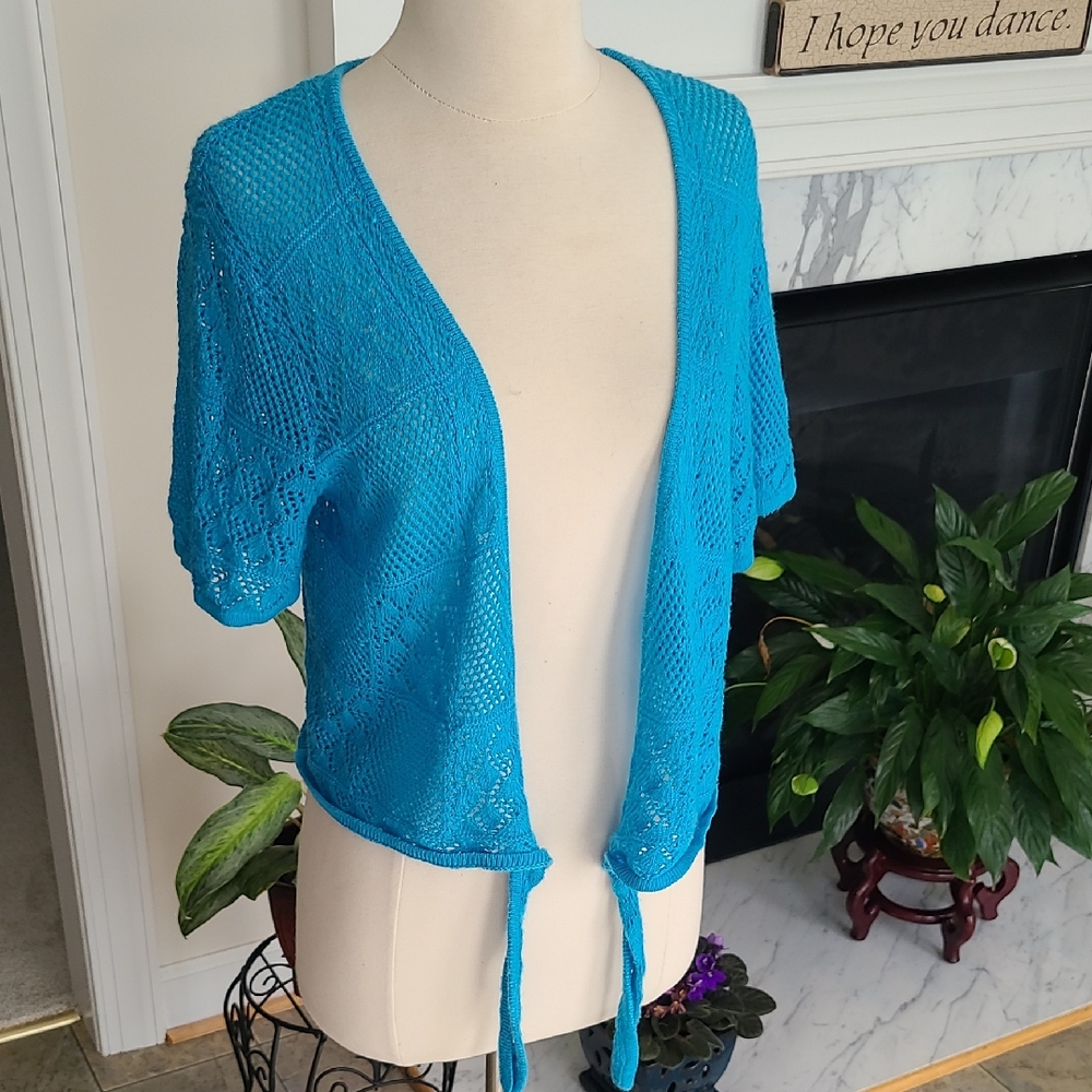 Alfred Dunner Tie Front Sweater Shrug Sz M Pretty Blue Great Over Summer Dresses